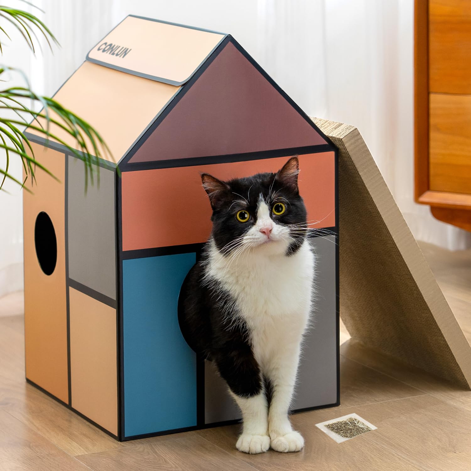 Conlun casa-gato-carton-rascador: refugio cómodo y superficie duradera para rascar