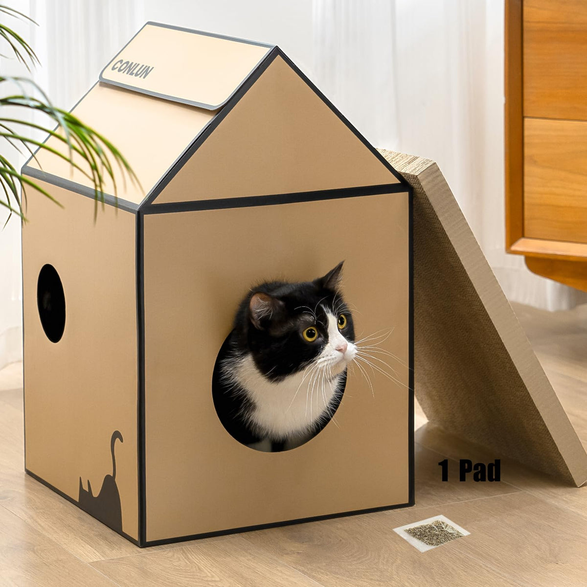 Conlun casa-gato-carton-resistente, vista exterior robusta para juego diario