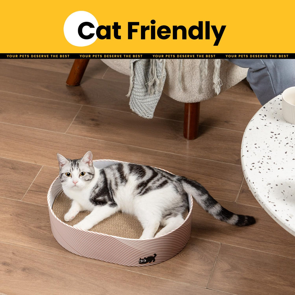 Conlun cat-scratcher-box-near-sofa illustrates furniture protection during scratching sessions.