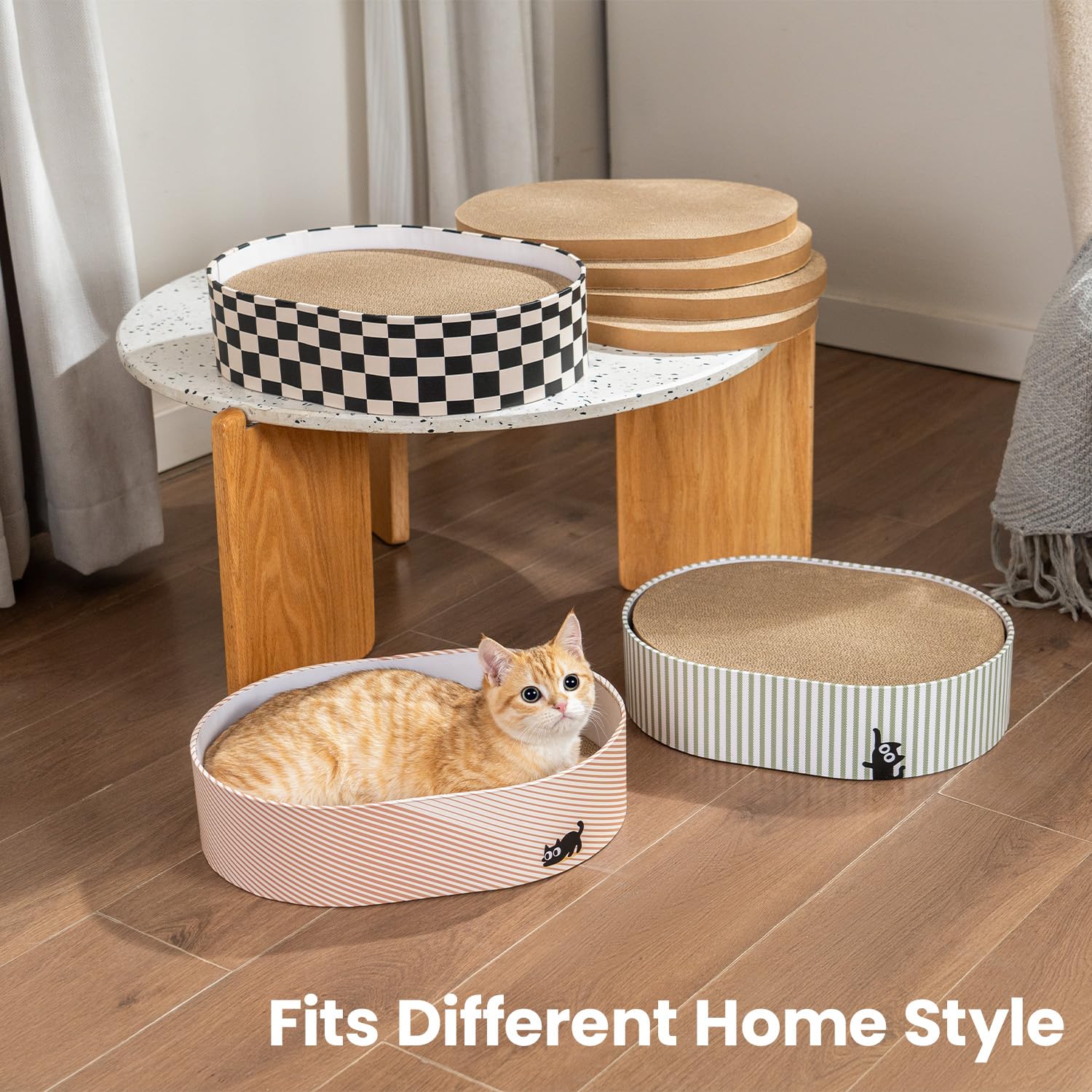 Conlun cat-scratcher-design-gift blends with home decor while entertaining cats.