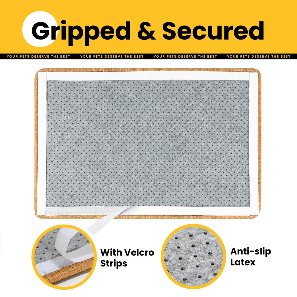 Conlun Cat Scratcher Mat features hook-and-loop straps for wall or floor mounting.