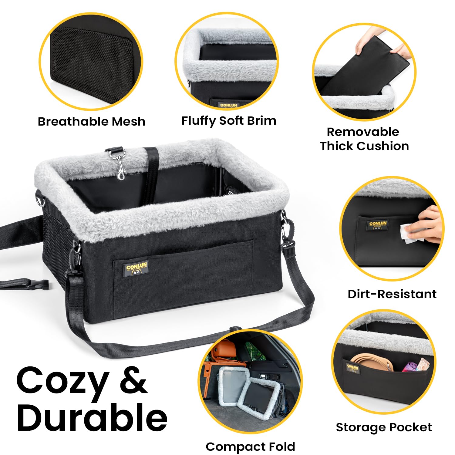 Conlun dog car seat booster demonstrates breathable mesh and ventilation benefits.