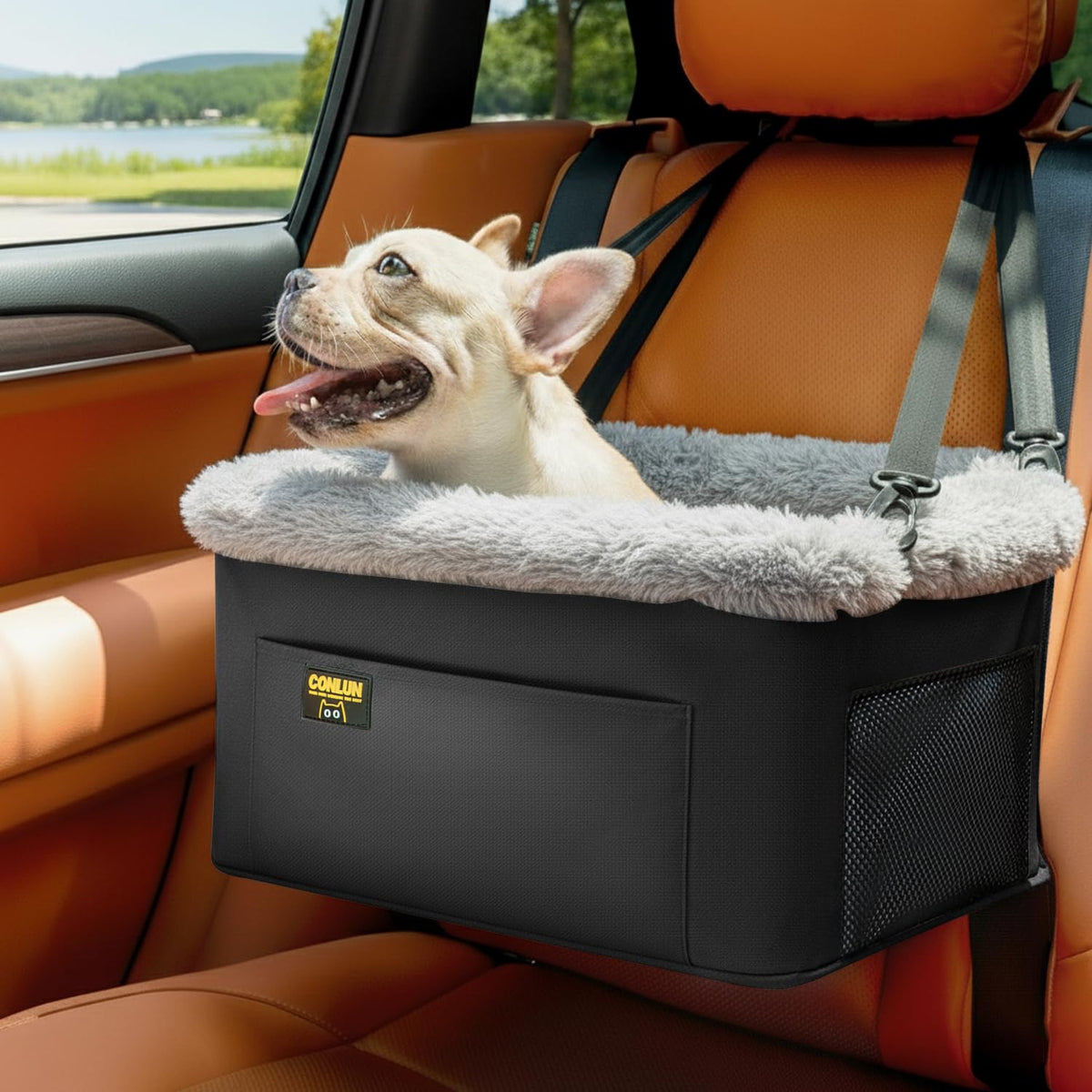 Conlun dog car seat booster elevates your pet for a calm, scenic view during rides.
