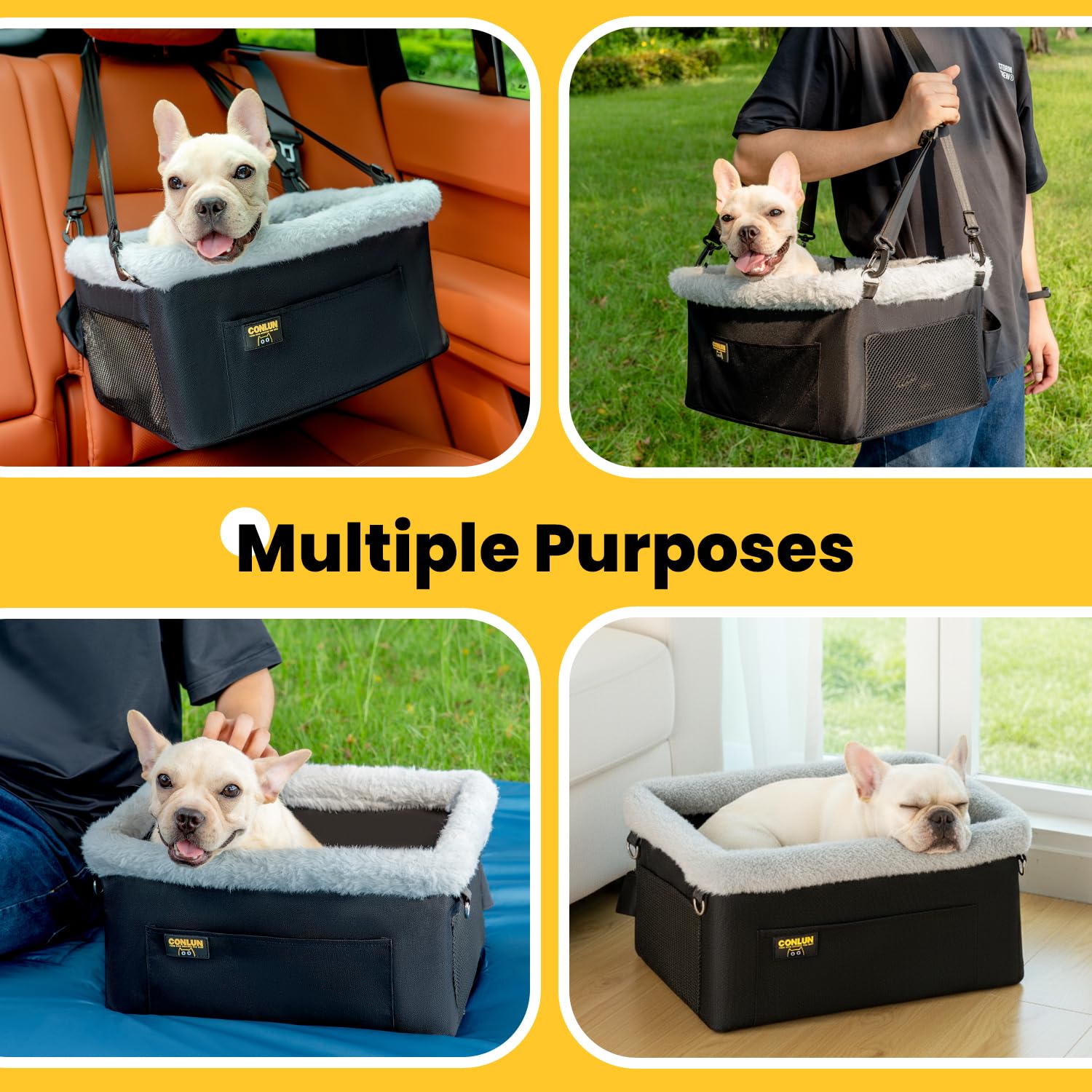 Conlun dog car seat booster has front pocket for essentials on trips.