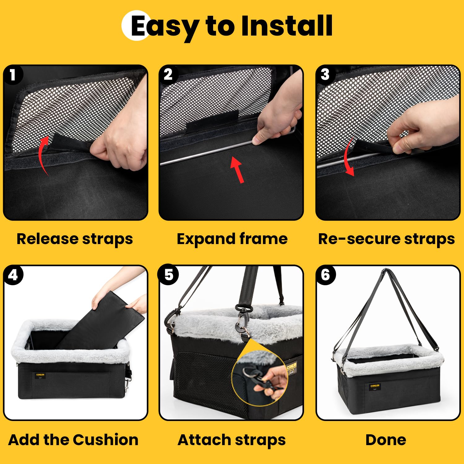 Conlun dog car seat booster with quick-install straps fits most cars securely.