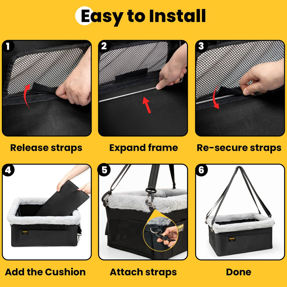 Conlun dog car seat booster with quick-install straps fits most cars securely.