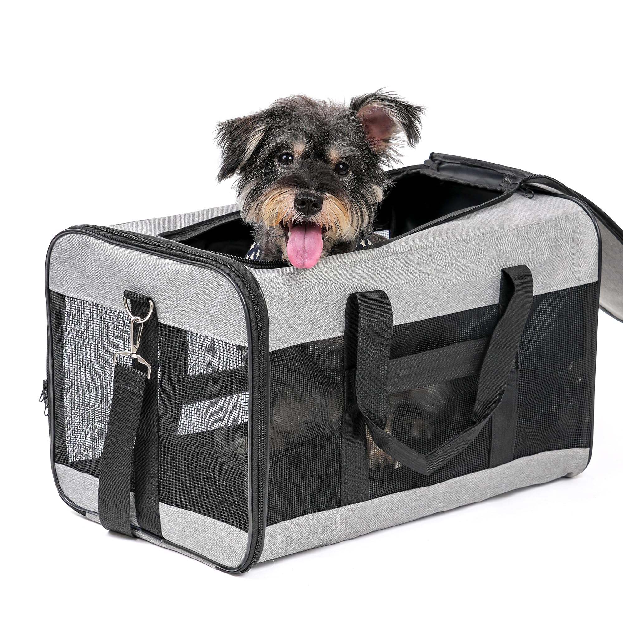 Conlun dog carrier soft-sided gray front view emphasizes portable transport for quick trips