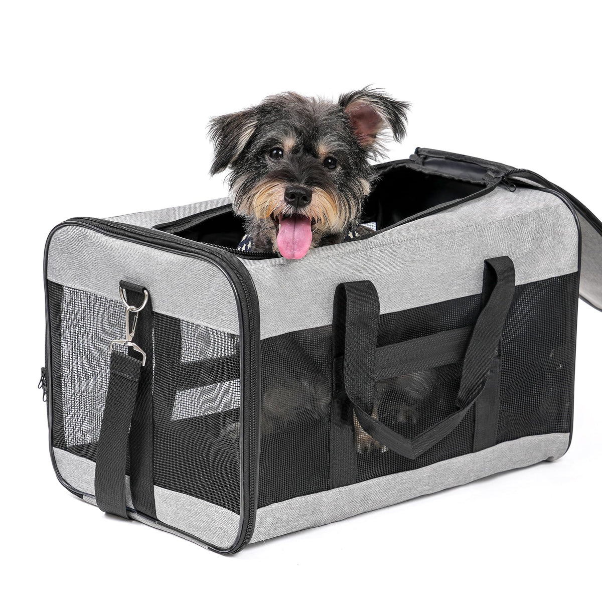 Conlun dog carrier soft-sided gray front view emphasizes portable transport for quick trips