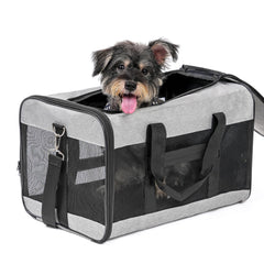 Conlun dog carrier soft-sided gray front view emphasizes portable transport for quick trips