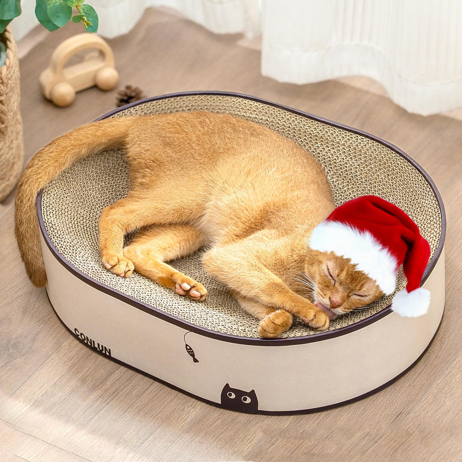 Conlun Oval Cat Scratcher Bed charcoal closeup demonstrates durable scratching and cozy lounging.