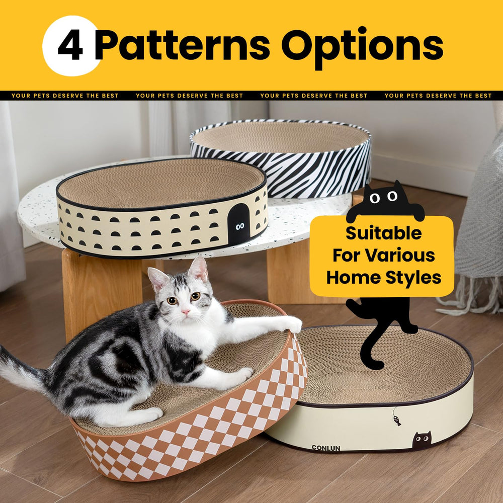 Conlun Oval Cat Scratcher Bed debris containment simplifies cleanup after play.