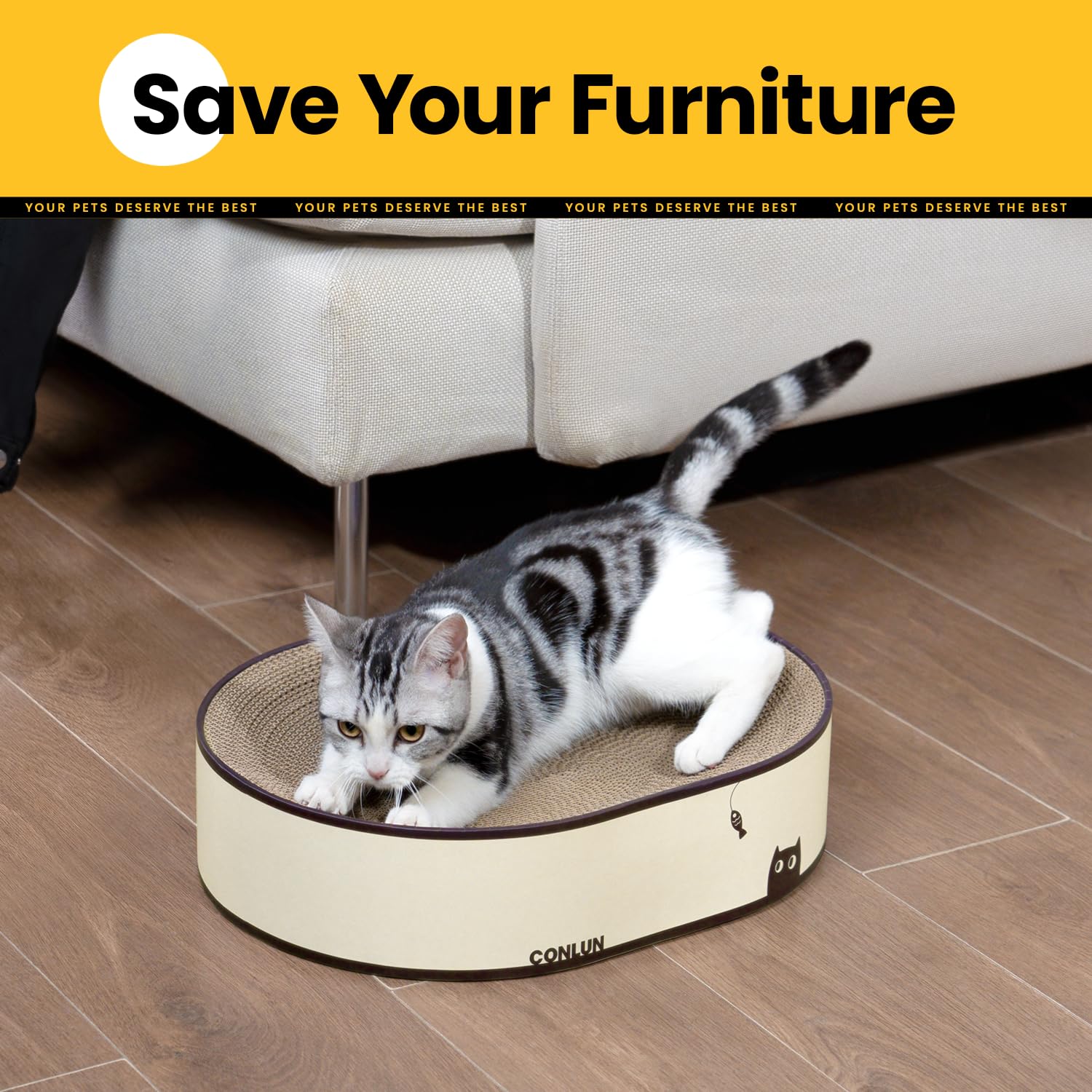 Conlun Oval Cat Scratcher Bed no-assembly setup means instant pet entertainment.