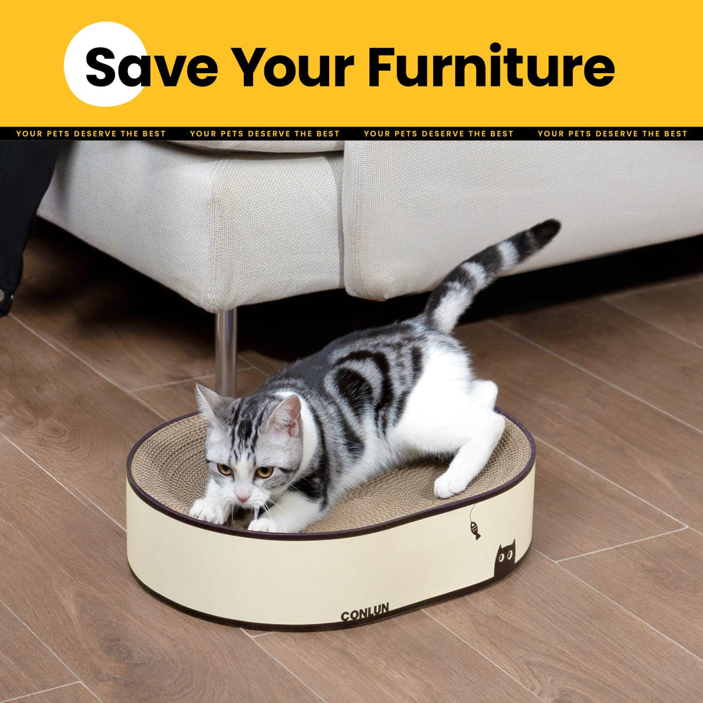 Conlun Oval Cat Scratcher Bed no-assembly setup means instant pet entertainment.