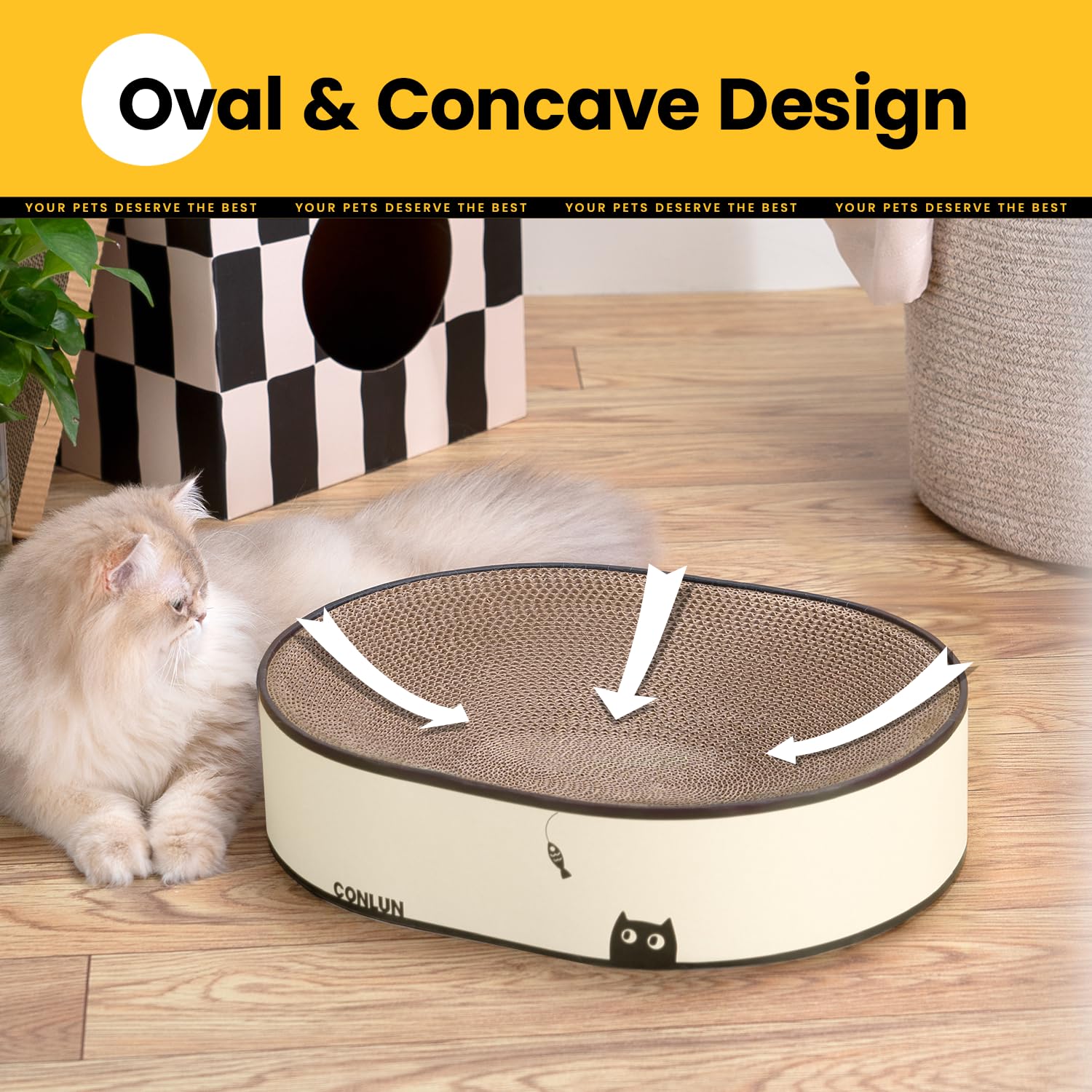 Conlun Oval Cat Scratcher Bed sealed base keeps debris contained for clean floors.