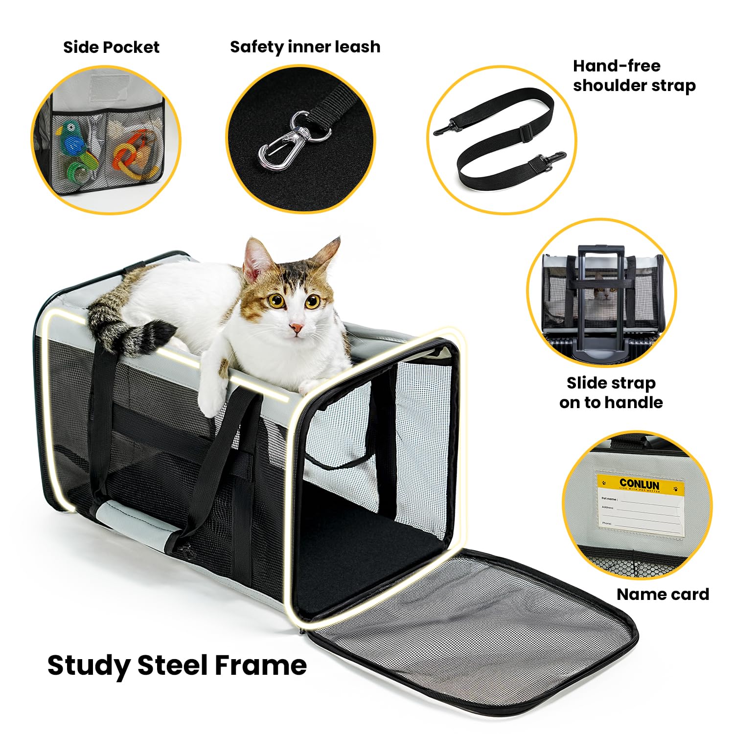 Conlun soft-sided cat carrier spacious interior accommodates cats up to 15 lb