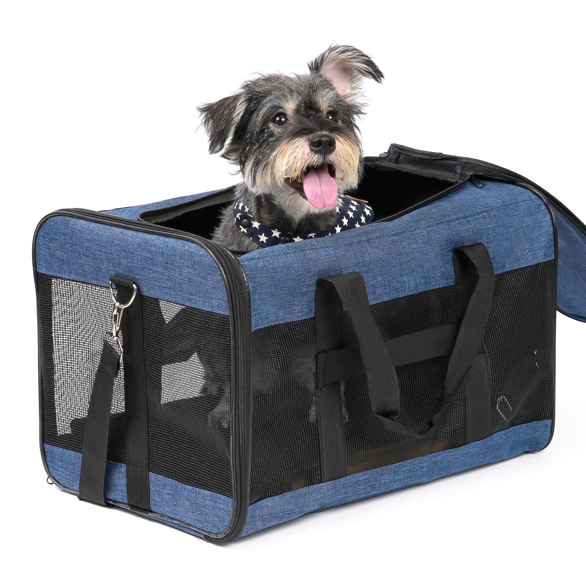 Conlun soft-sided pet carrier blue front view for safe transport.