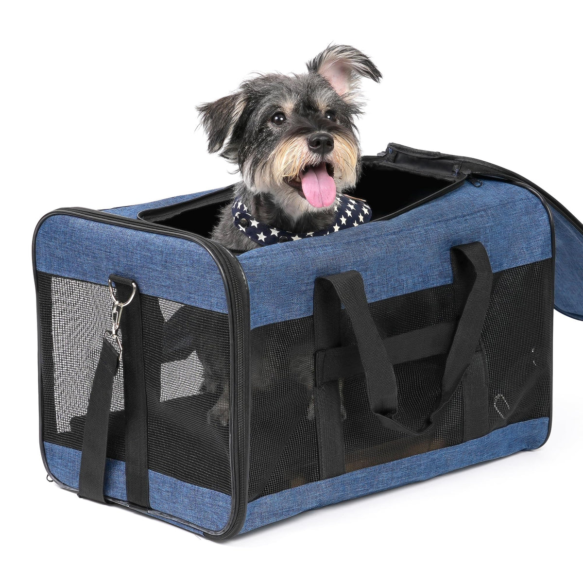 Conlun soft-sided pet carrier blue front view for safe transport.