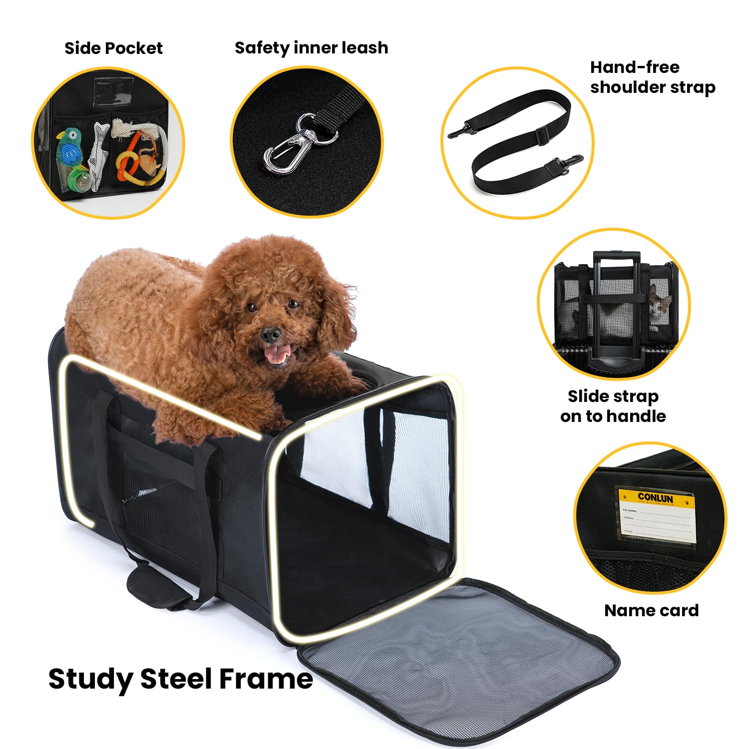 Conlun travel carrier interior shows soft fabric and safety strap for your pet