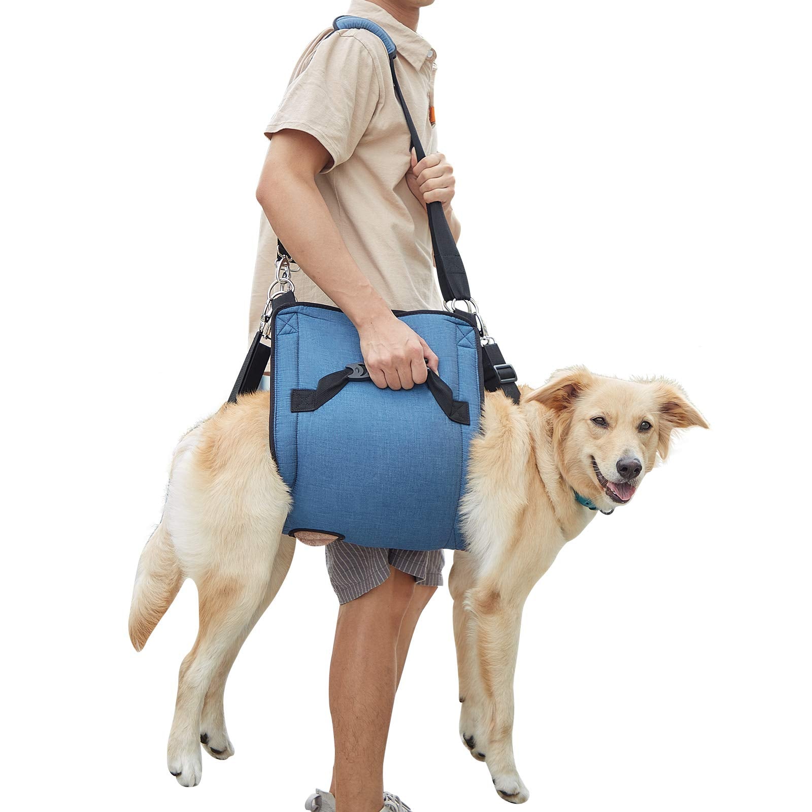 COODEO Dog Carry Sling front view in blue provides stable mobility support.