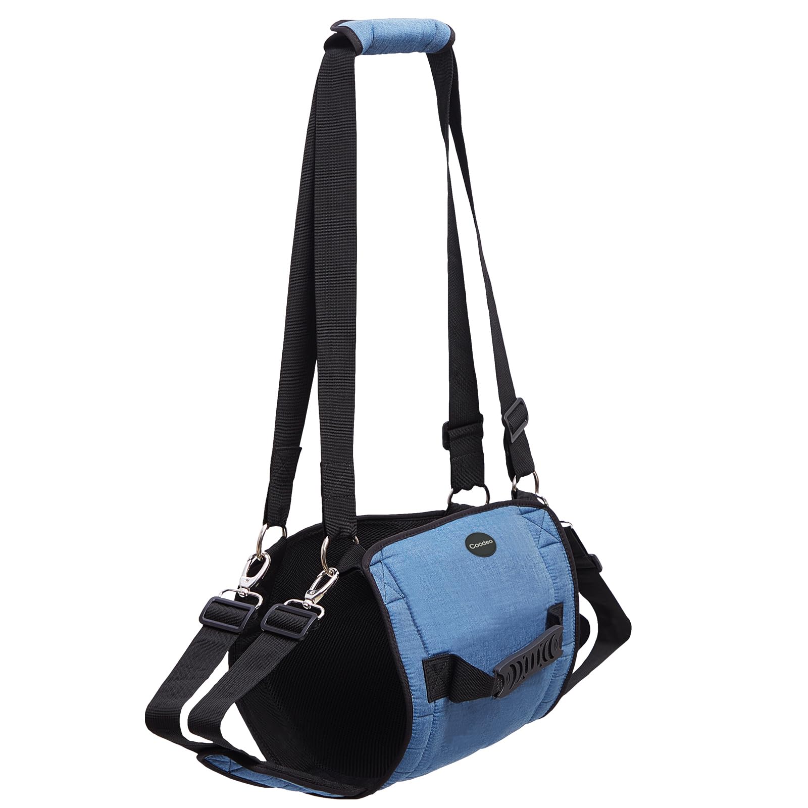 COODEO Dog Carry Sling worn on dog demonstrates hands-free lifting in blue.