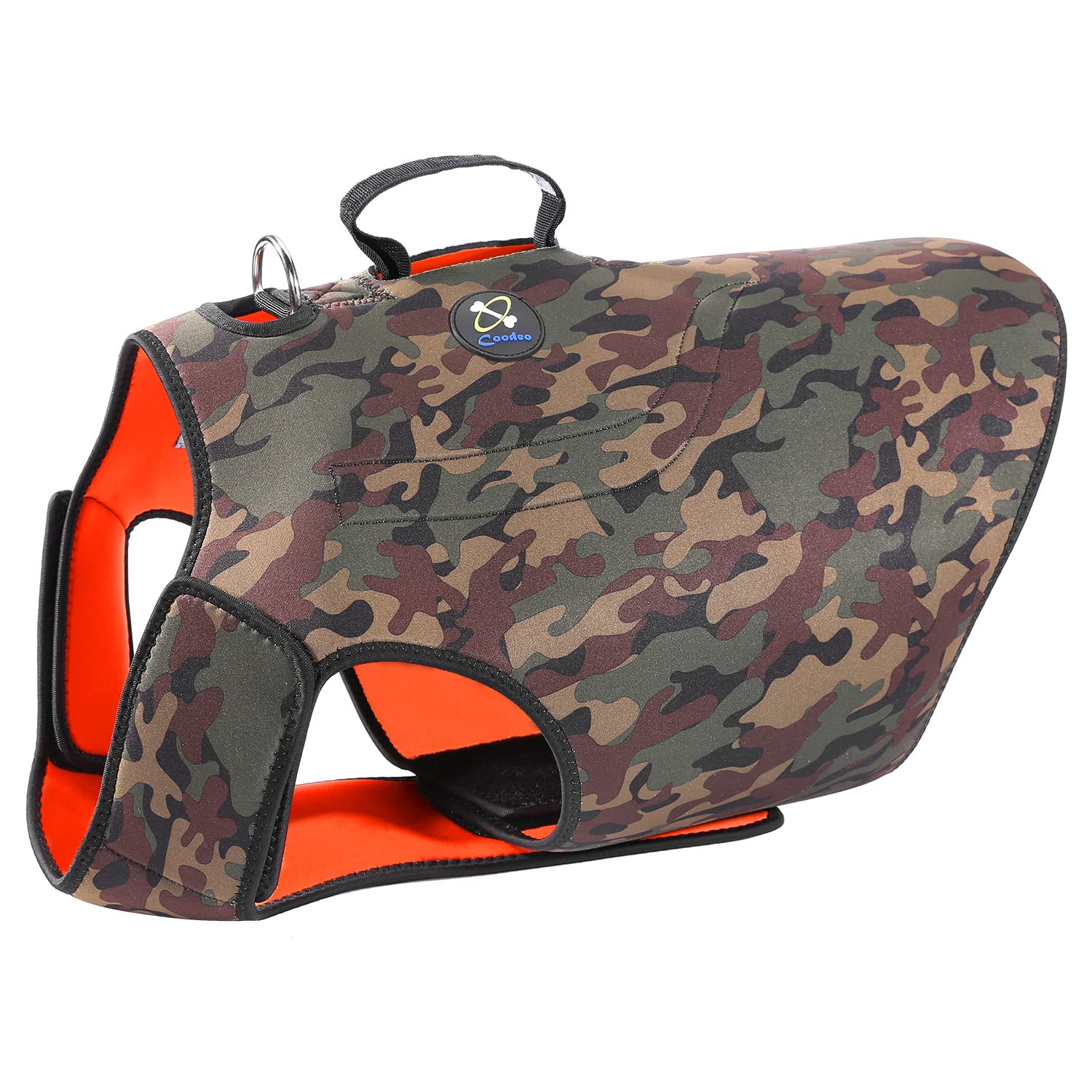 Coodeo dog hunting vest camouflage side worn to blend with terrain.