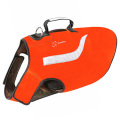 Coodeo dog hunting vest orange side worn for high visibility in low light.