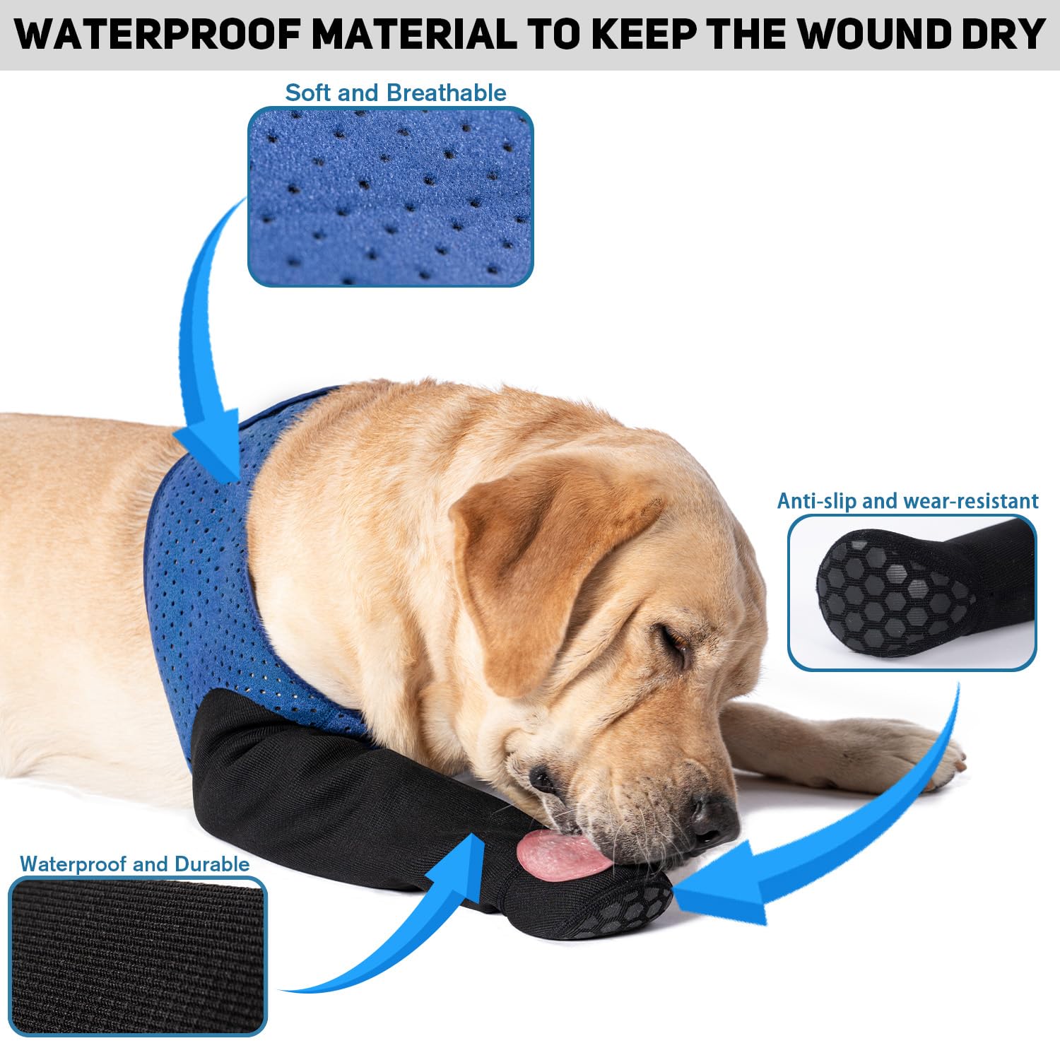 Coodeo dog socks blue side view highlighting non-slip bottom for indoor use.