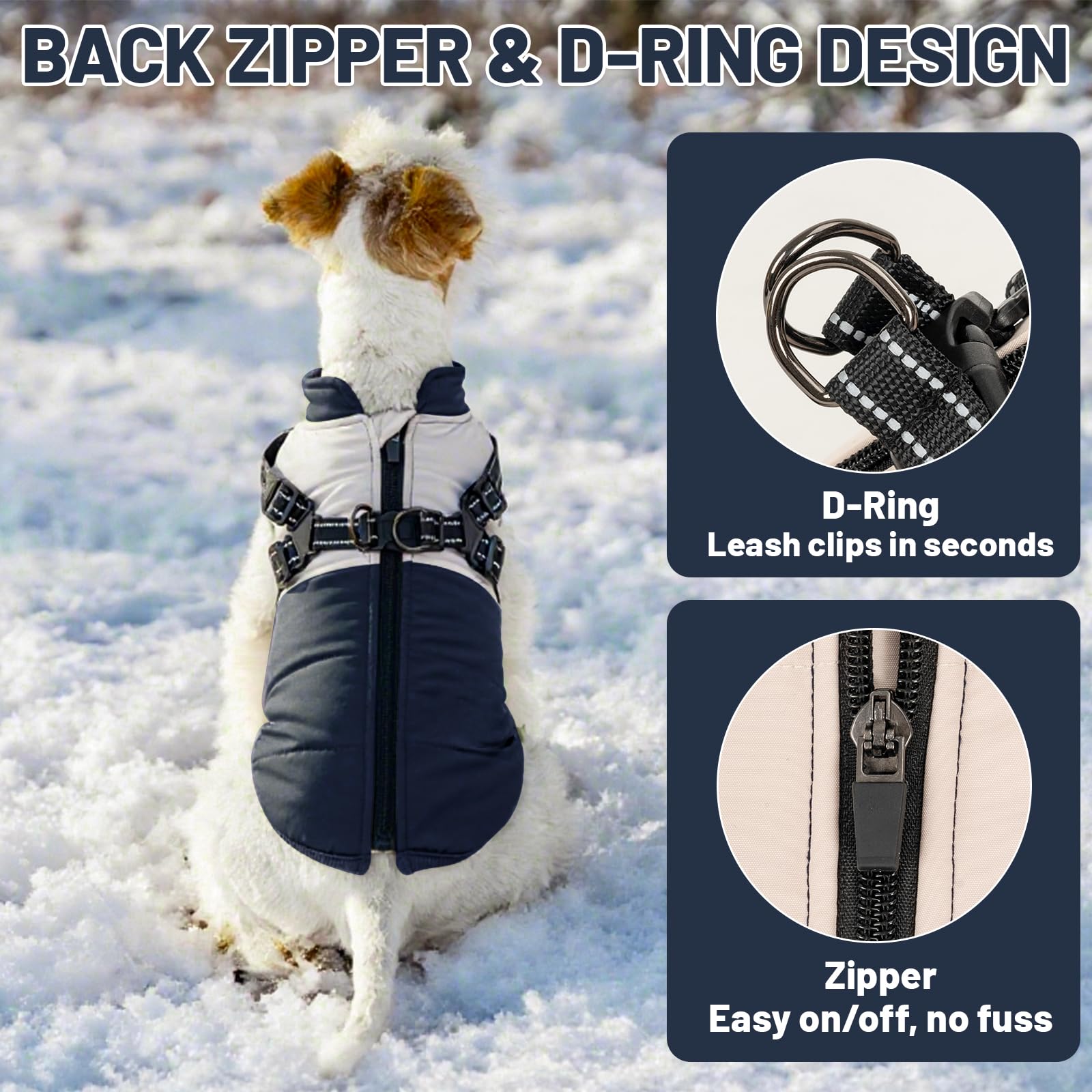 COOHAMS dog winter coat built-in harness illustration for safe leash clipping.