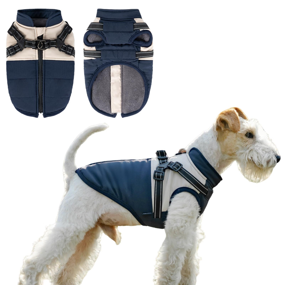 COOHAMS dog winter coat classic blue close-up with waterproof fabric for wet walks.
