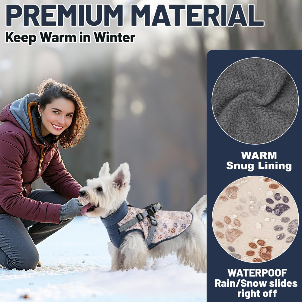 COOHAMS dog winter coat harness-clip reveals built-in harness for easy leash attachment.