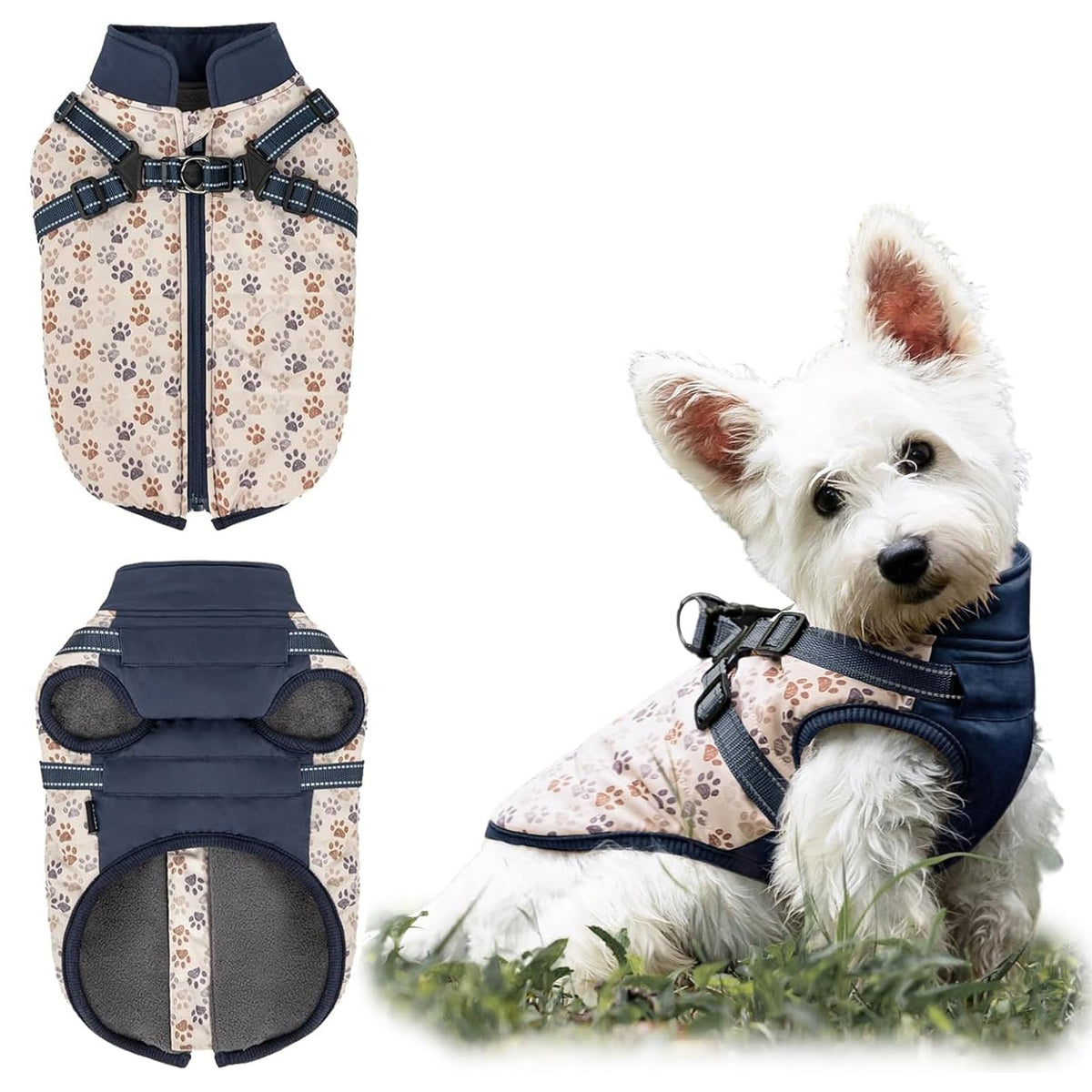 COOHAMS dog winter coat paw blue front view highlights waterproof outer layer and cozy fit.