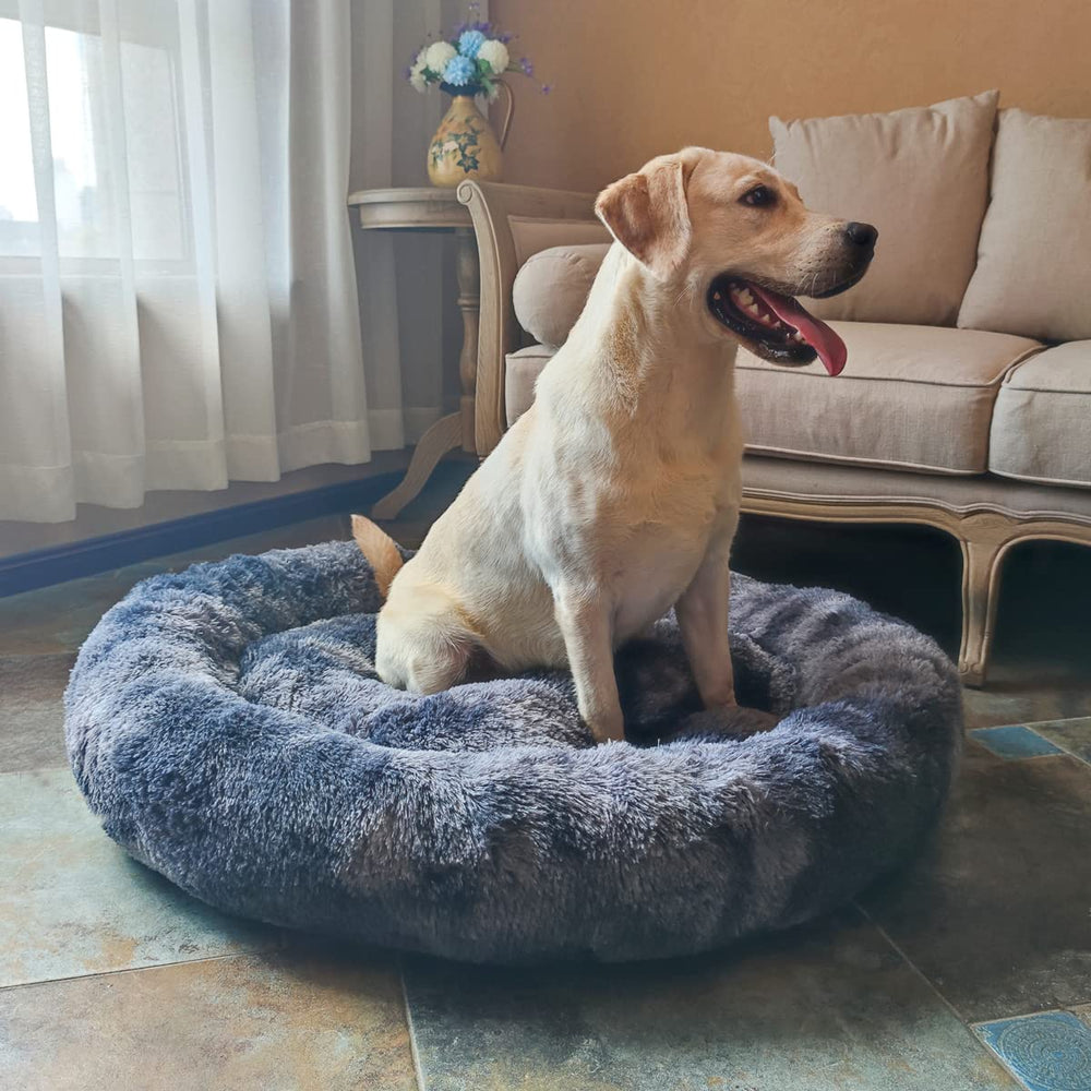 Coohom oval calming donut bed anti-slip bottom detail ensures secure placement.