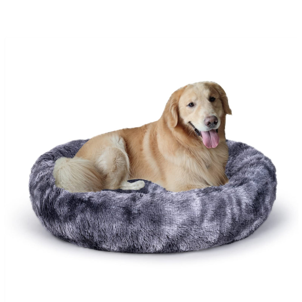 Coohom oval calming donut dog bed front view highlights ultra-soft faux fur for cozy naps.