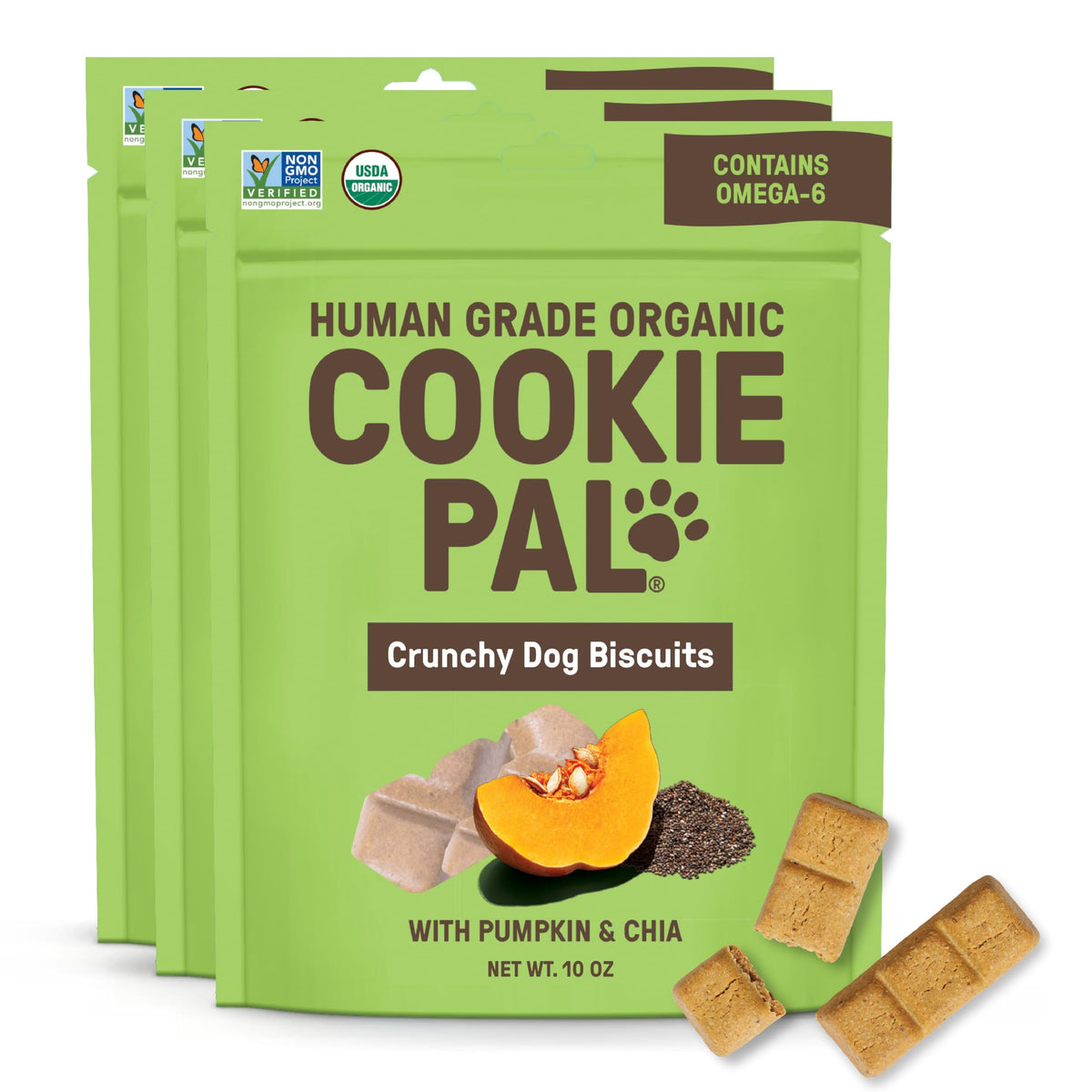 CookiePal Pumpkin Dog Treats packaging highlights organic ingredients and convenient 3-pack.