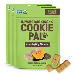 CookiePal Pumpkin Dog Treats packaging highlights organic ingredients and convenient 3-pack.