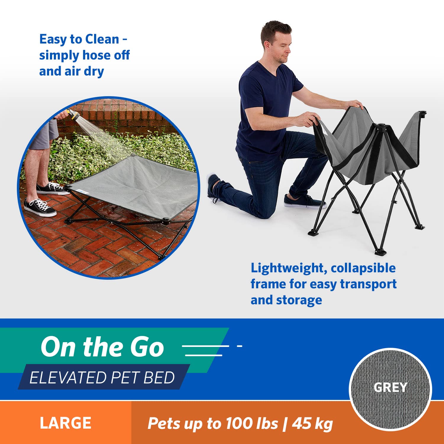 Coolaroo On-The-Go Elevated Dog Bed shows elevated frame for joint support.