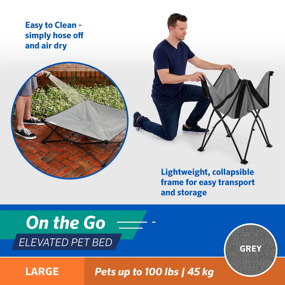Coolaroo On-The-Go Elevated Dog Bed shows elevated frame for joint support.