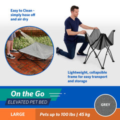 Coolaroo On-The-Go Elevated Dog Bed shows elevated frame for joint support.