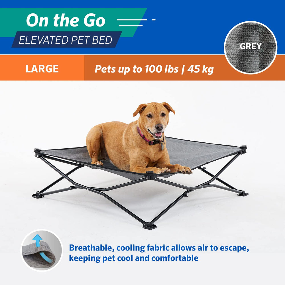 Coolaroo On-The-Go Elevated Dog Bed uses moisture-resistant fabric for easy cleanup.