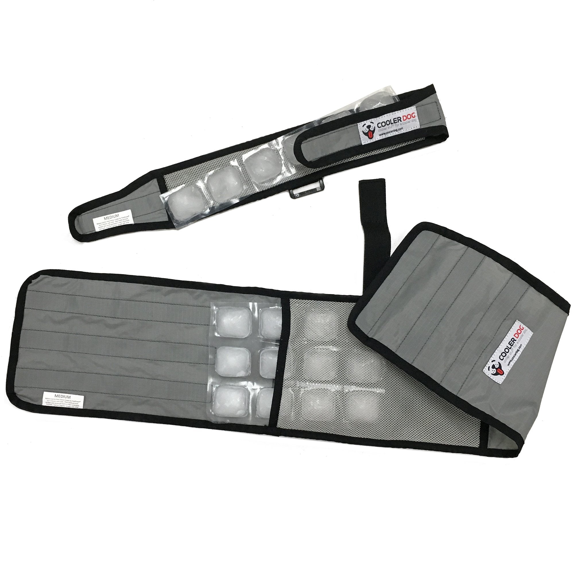 CoolerDog cooling collar shown with gentle cooling for active dogs.