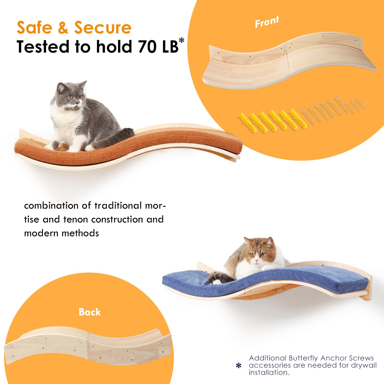 COOLEX cat wall shelves assembled view reveals durable wood and Velcro cushions