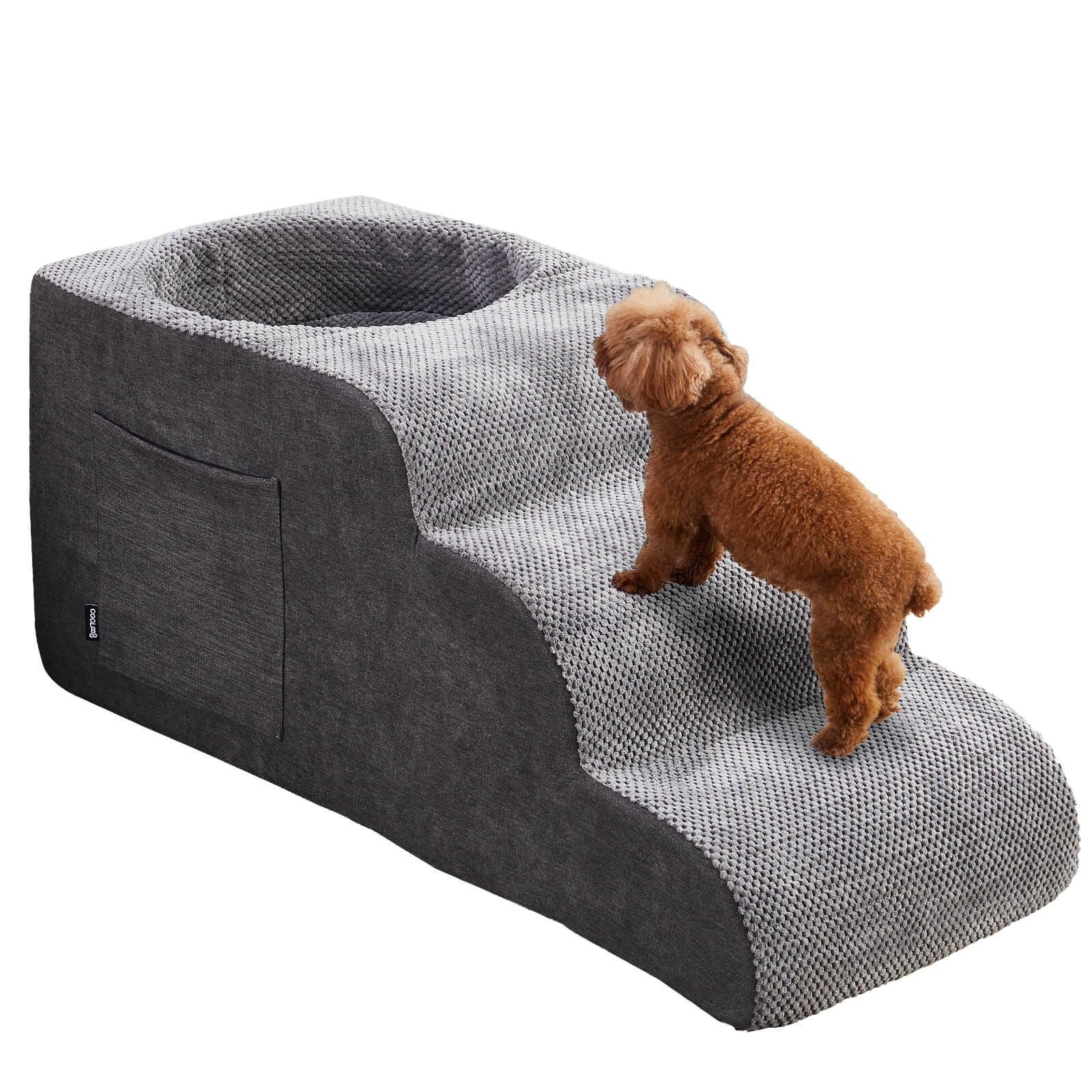 Cooloo8 dog stairs 3-step gray on bed, easing access for small or senior pets.