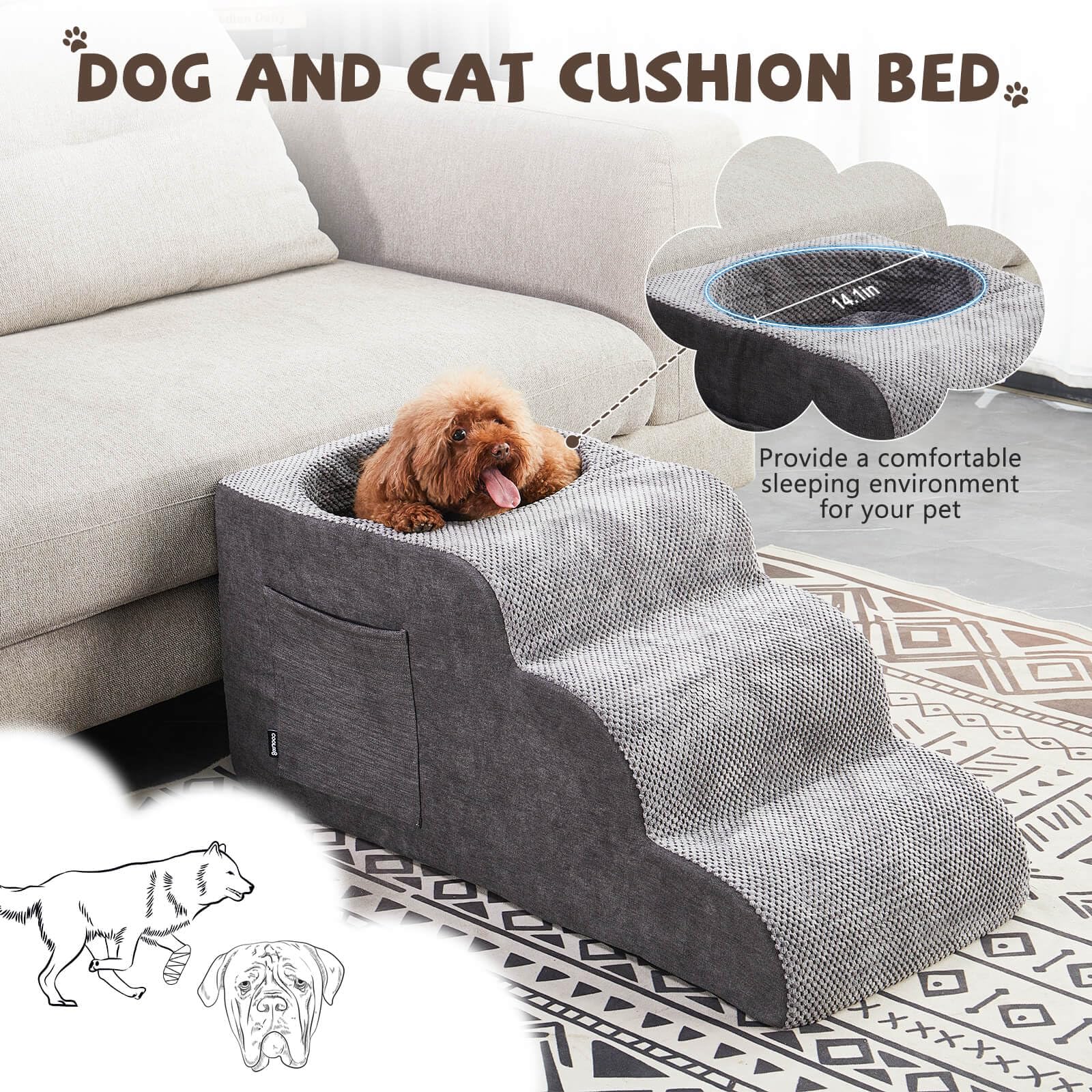 Cooloo8 dog stairs non-slip surface gray, safe low-effort access to elevated spots.