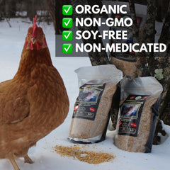 Coop Care Chicken’s Choice 12% protein label emphasizing growth support and feather health