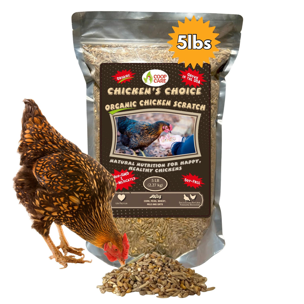 Coop Care Chicken’s Choice 5lb bag front view highlighting premium organic grains for poultry