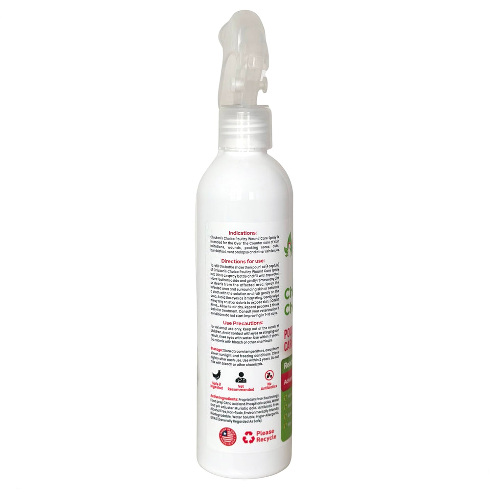 Peck-safe, stain-free spray by Coop Care Chicken's Choice for birds.