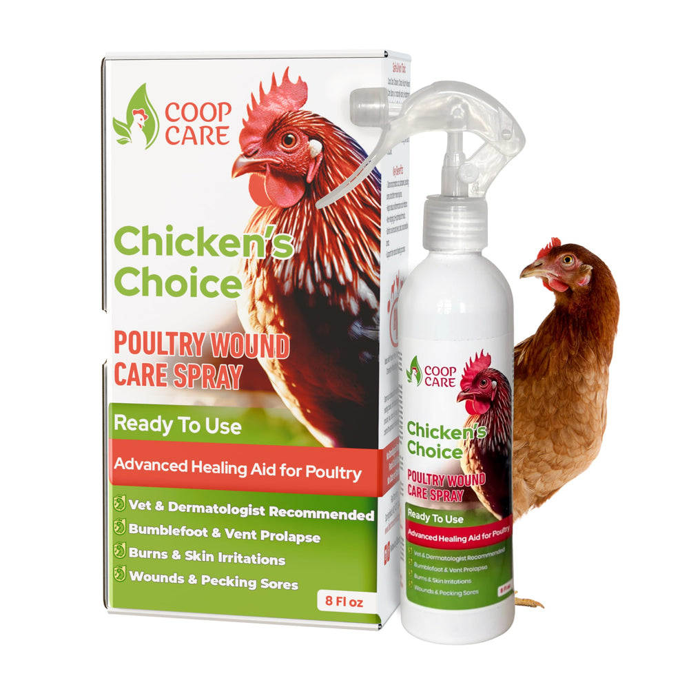 Coop Care Chicken's Choice wound care spray bottle shown front for poultry skin care.