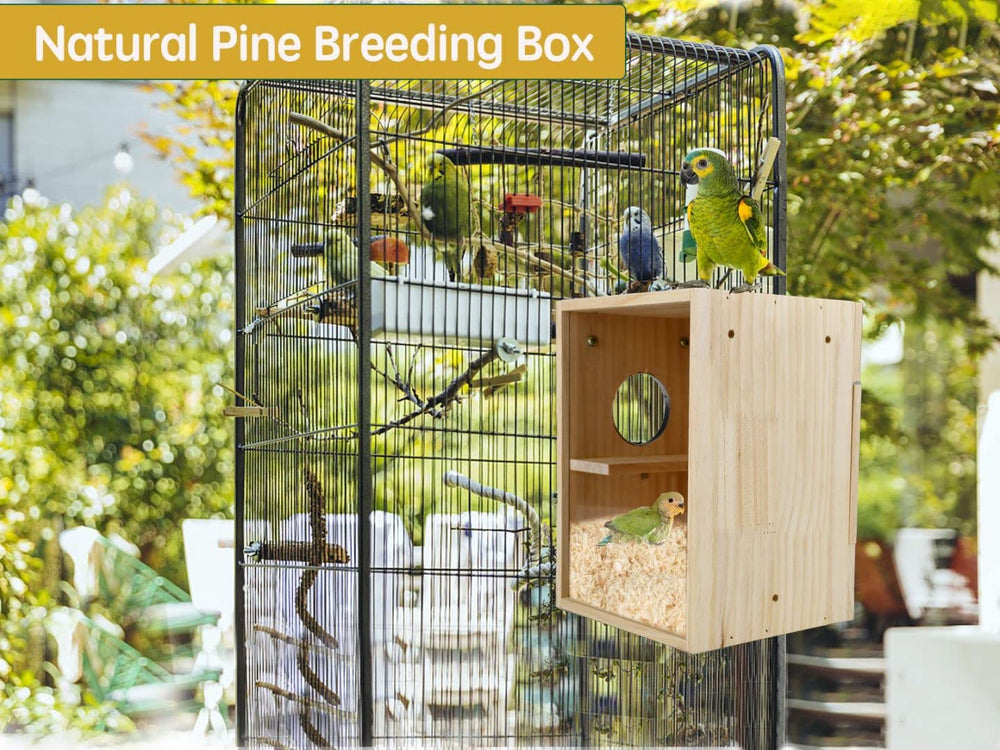 CooShou nest-box compatible-parrots demonstrates suitability for budgie, cockatiel, and lovebirds.