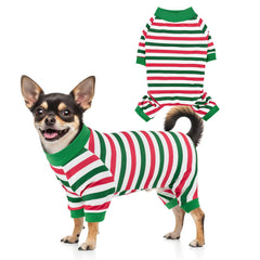 CooShou Christmas dog pajama front view with festive stripes and snug fit for holiday wear.