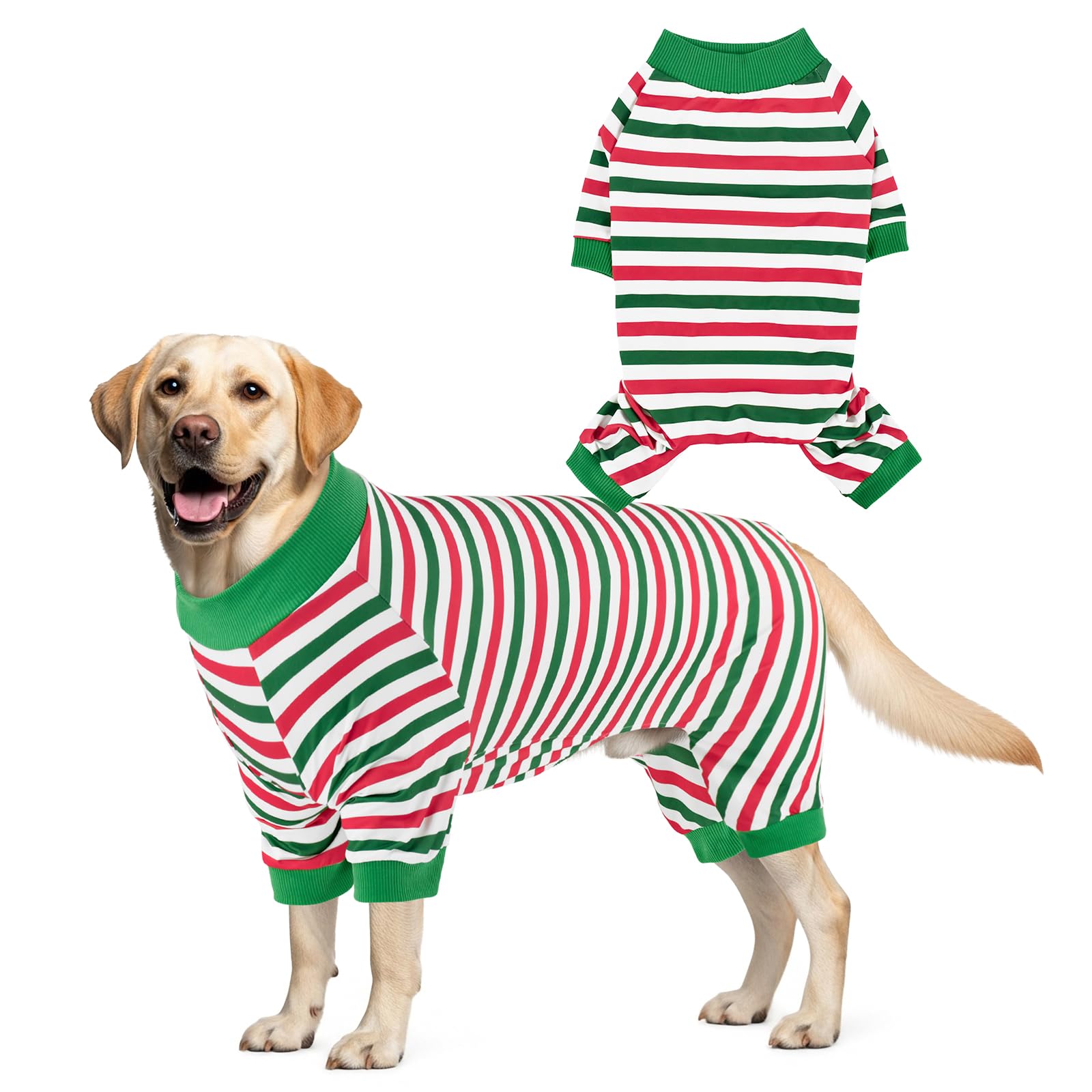 CooShou Christmas dog pajama stripe front view highlights festive fit